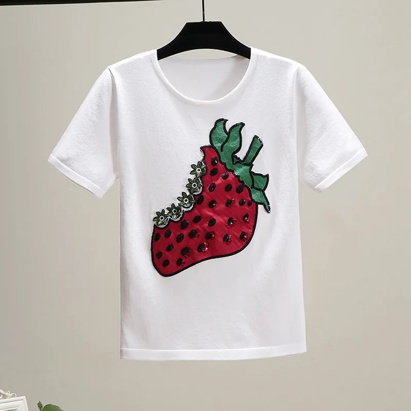 Женская трикотажная футболка с вышивкой в виде забавной клубники повседневные