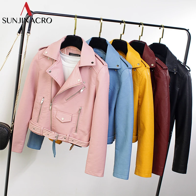 SUNJINACRO куртка из искусственной кожи PU мотоциклетная на молнии винно Красная