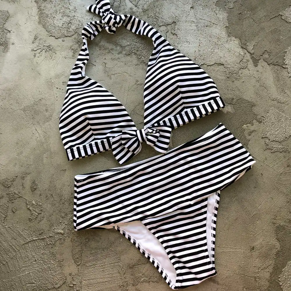 

BANDEA Vintage Bikinis set Stripe Swimwear High Waist Swimsuit Women Sexy Swimwear Halter Bikini 2019 Summer beach Bathing Suit