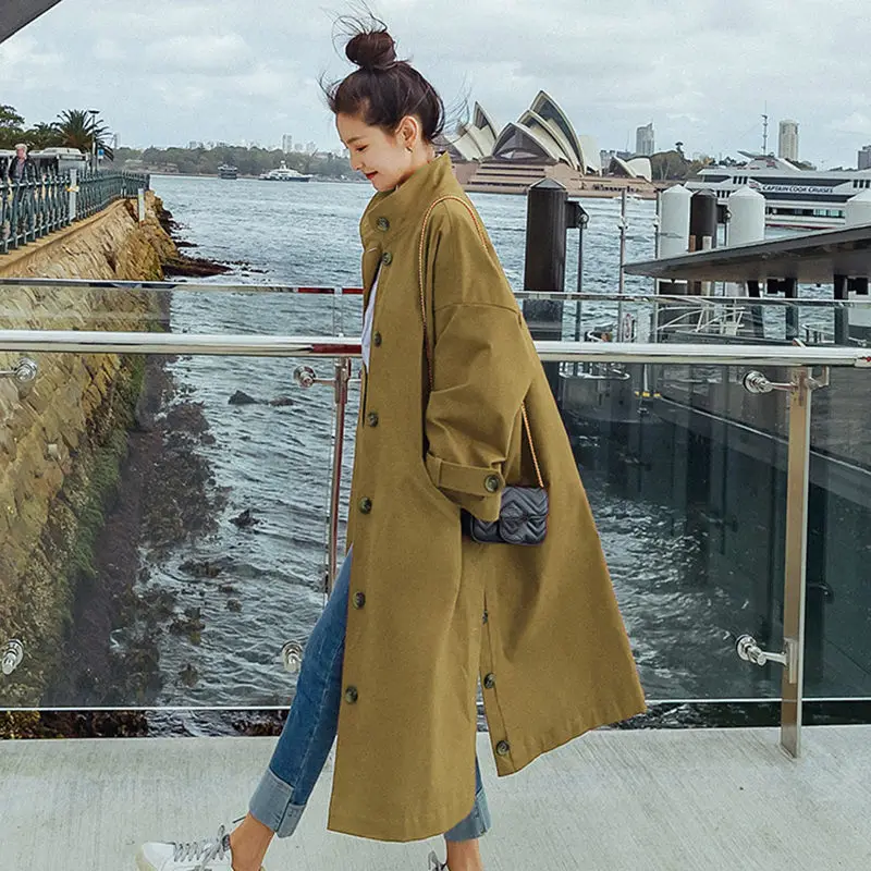 2020 Осенняя Женская ветровка с воротником стойкой длинный рукав подол Раздельный