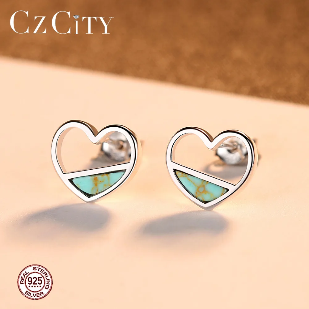 CZCITY, настоящее 925 пробы, серебряные, бирюзовые серьги-гвоздики в форме сердца для женщин, хорошее ювелирное изделие, Brincos Joyeria Fina Para Love, подарки SE0407