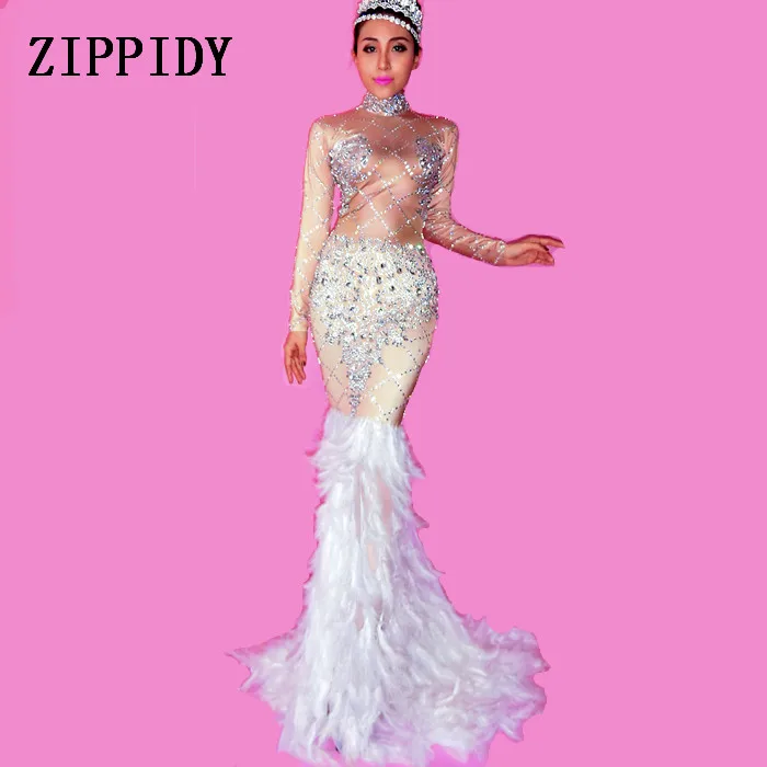 Модное Вечернее Платье с перьями для ночного клуба Женский костюм выступлений