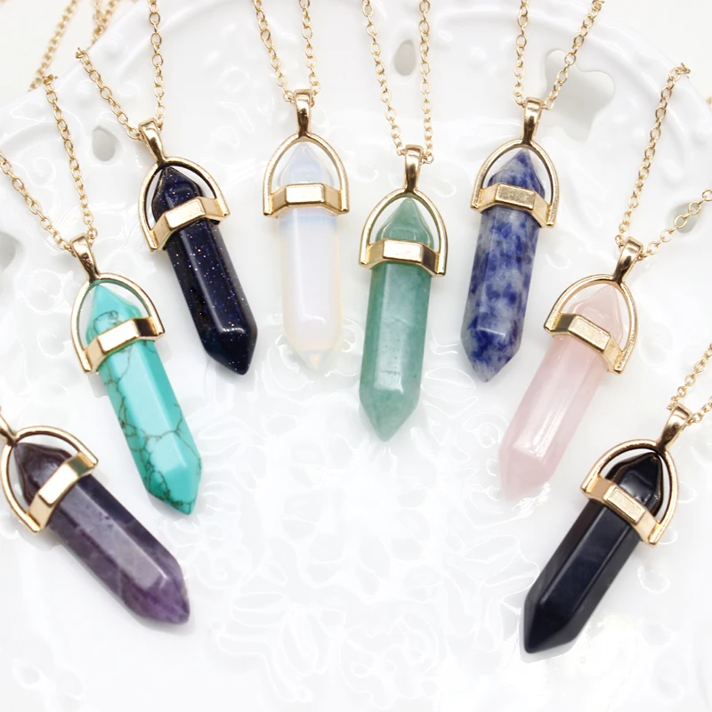 Ожерелье в национальном стиле из натурального шестиугольного камня с тремя