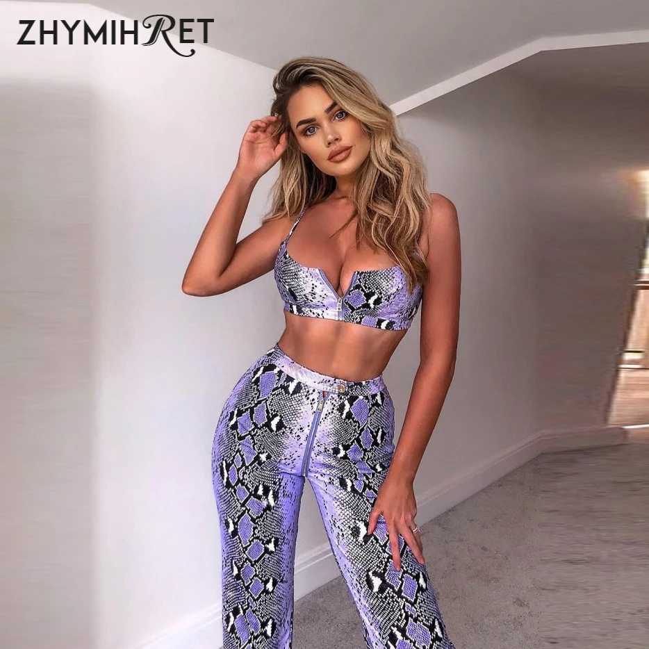 Женский комплект из 2 предметов ZHYMIHRET футболка с принтом в виде змеи и брюки клеш