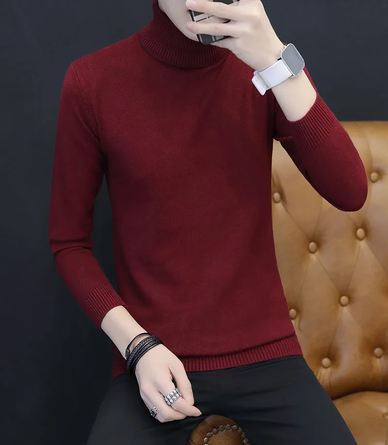 no velvet wine red Новинка, зимний мужской свитер, Мужская водолазка, Одноцветный Повседневный свитер, мужской тонкий вязаный плюс бархатный Толстый Пуловер - Цвет: no velvet wine red