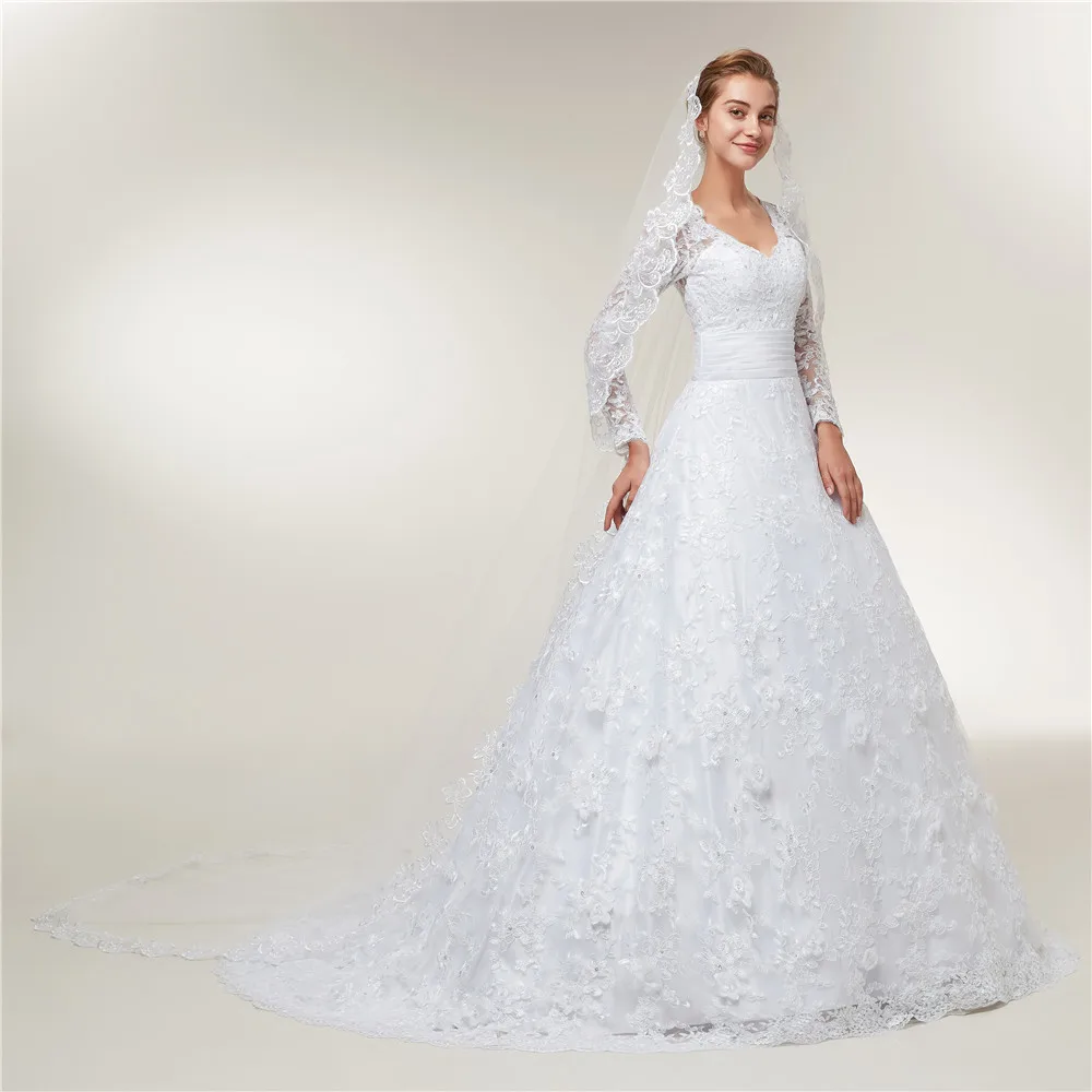 Fansmile Длинные рукава Кружева Vestido De Noiva с вуалью Свадебные платья поезд на заказ размера плюс свадебные платья FSM-403T