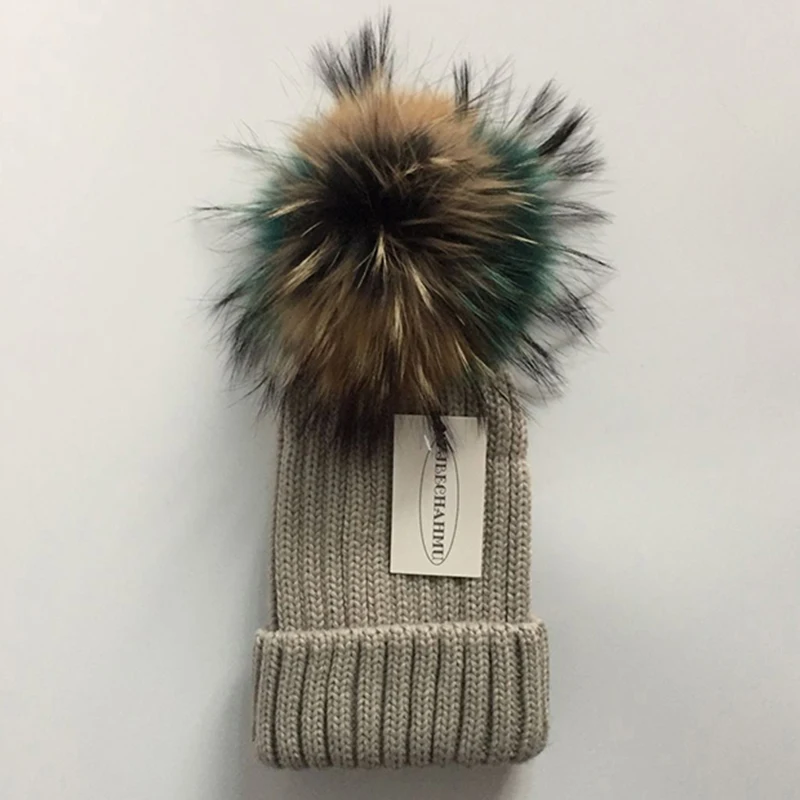 Children Light Grey Модная новинка, помпоны из натурального Лисьего меха и норки, 15 см, Skullies Beanies, шапки для женщин и девочек, зимние шапки, детские шапки, шапка - Цвет: Children Light Grey