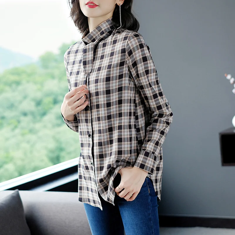 Женская Классическая рубашка в клетку хлопковая блузка с воротником бантом