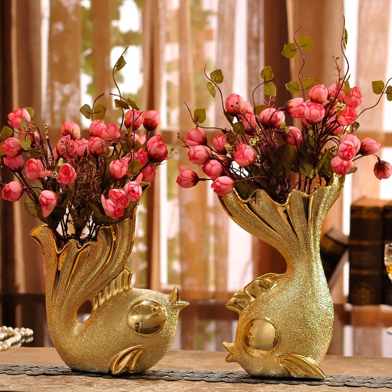 1 set With flowers 2 шт. Золотая рыбка керамическая ваза с цветами целующимися тыквами миниатюрные фигурки ремесла Пары рыбы домашний декор свадебные подарки - Цвет: 1 set With flowers