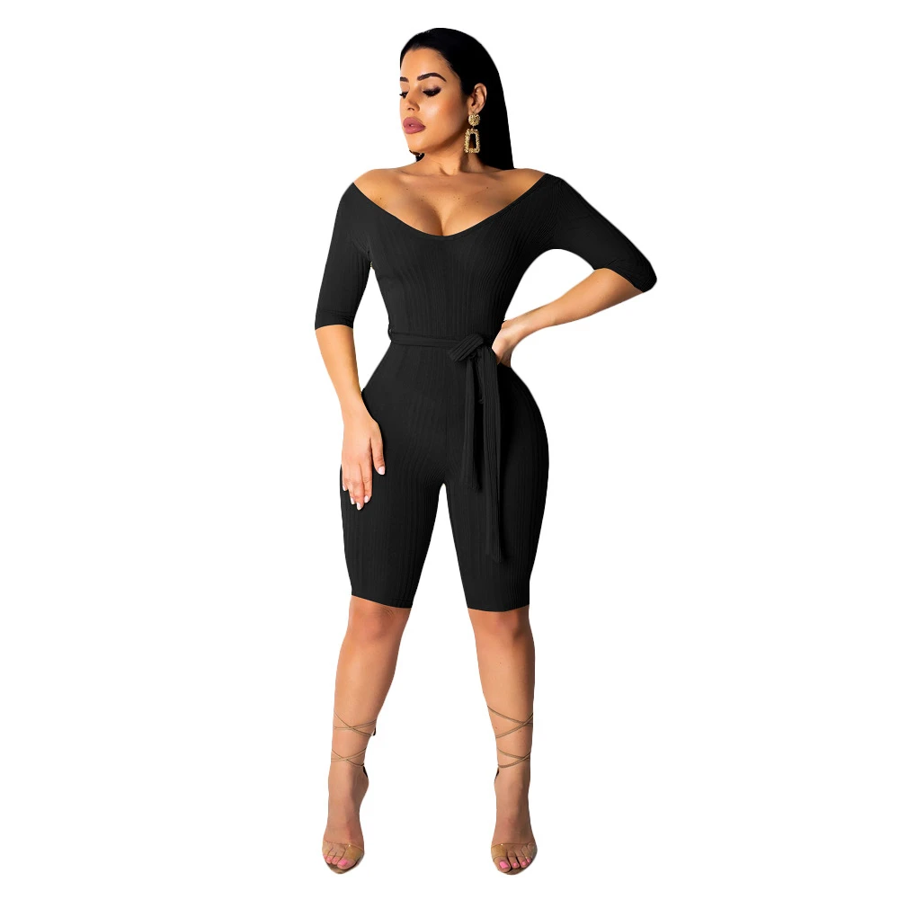 С открытыми плечами сексуальный короткий комбинезон женский пояс Bodycon половина