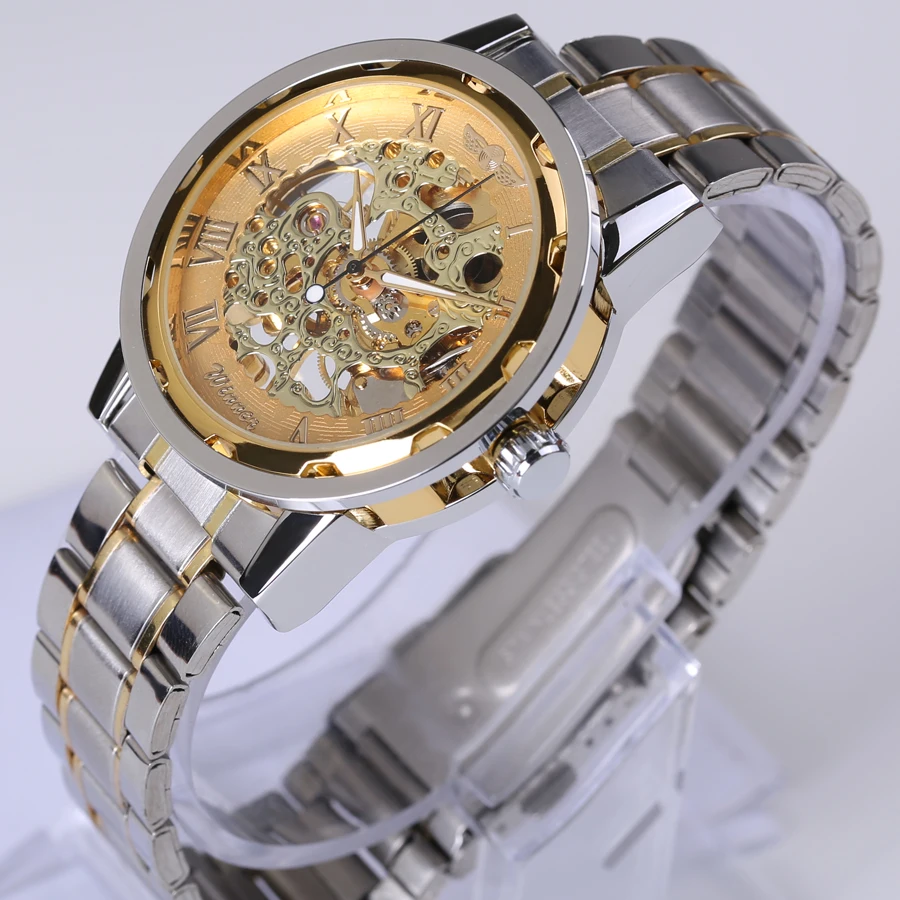 Часы наручные мужские механические брендовые Роскошные прозрачные золотистые