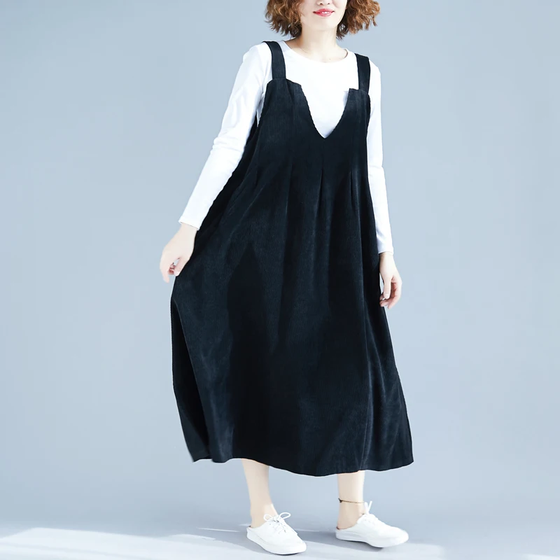 

Женский вельветовый комбинезон, длинное винтажное Повседневное платье на бретелях, в стиле Mori Girl, элегантный черный, осень размера плюс