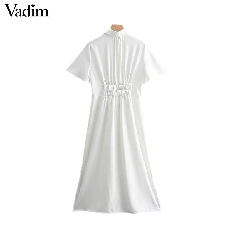 Vadim Women short sleeve white midi dress elastic waist turn down collar split mid calf dresses irregular casual vestidos QB371 | Женская