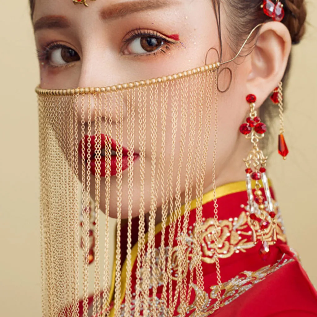 Traditional Chinese gold coloren Chain Tassel Red Beads Bridal Wedding Veil Curtain Fringed Elegant Fashion | Украшения и