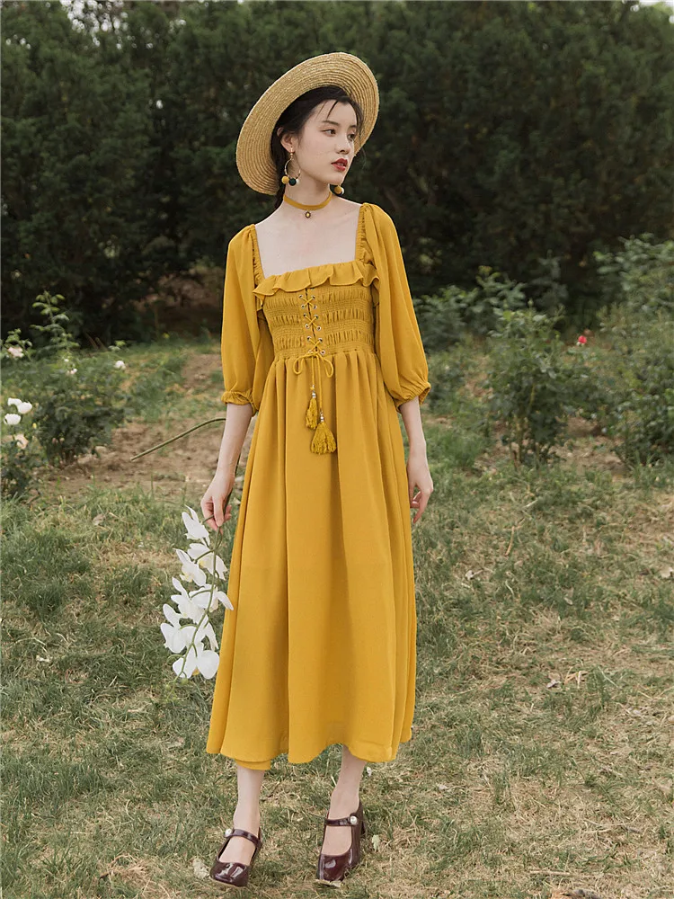 2019 новые модные женские платья французский суд ретро квадратный воротник Холтер