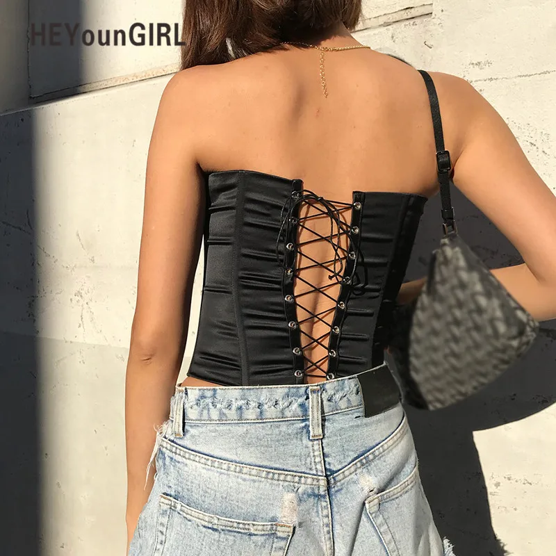 HEYounGIRL черного цвета с низким вырезом на спине Обёрточная бумага бандо Топ без рукавов с открытой спиной без бретелек Короткие топы, футболки уличная Harajuku Топ/Удлиненный топ бюстье бюстгальтер