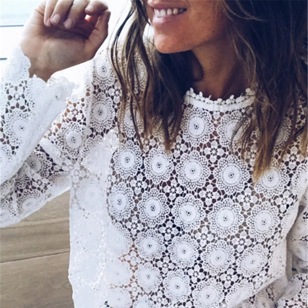 Сексуальный Кружевной топ размера плюс Женская открытая Кружевная блуза с