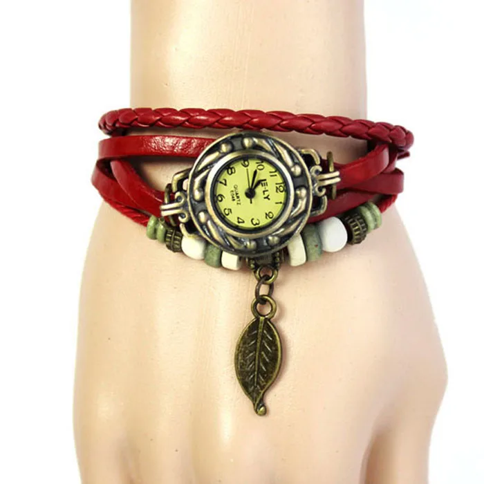 Red Женские часы-браслет Relogio Feminino Vico, плетеные часы с кожаными бусинами, кварцевые наручные часы, часы Relojes Mujer - Цвет: Red