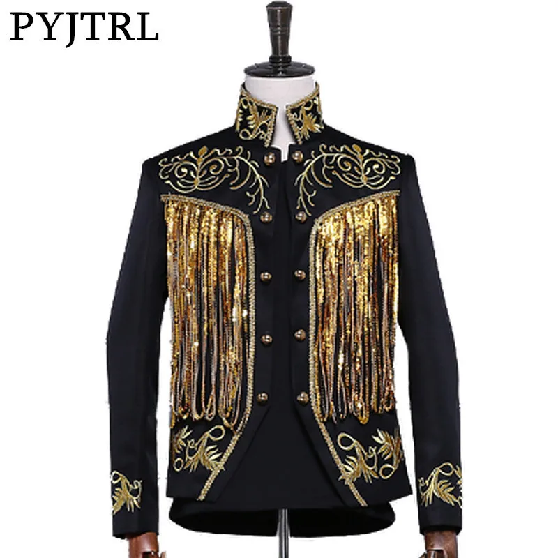 Chinese size Black Pyjtrl Для Мужчин's цвета: золотистый, серебристый мерцание кисточкой Блёстки Вышивка двубортный этап певица пиджак Для мужчин Slim Fit Blazer конструкции - Цвет: Chinese size Black