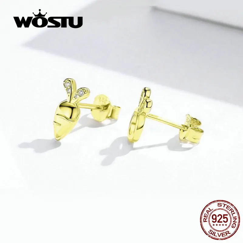 WOSTU,, Настоящее Стерлинговое Серебро, золотой цвет, зайчик и морковь, серьги-гвоздики для женщин, модное ювелирное изделие CTE198