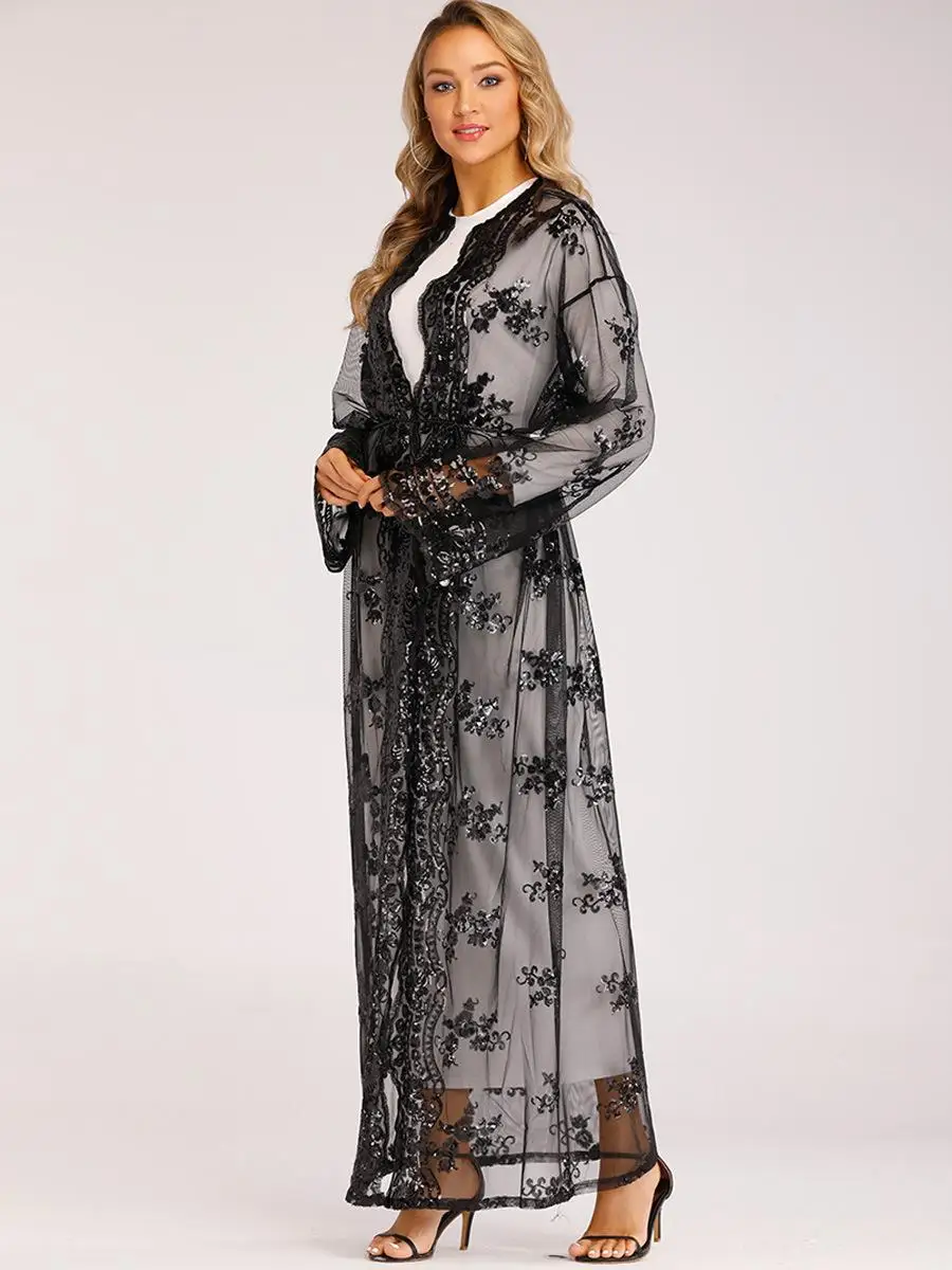 Роскошное кимоно с блестками для женщин abaya Дубай молитва открытый передний кафтан мусульманский с длинным рукавом Кардиган Платье Рамадан халат арабское