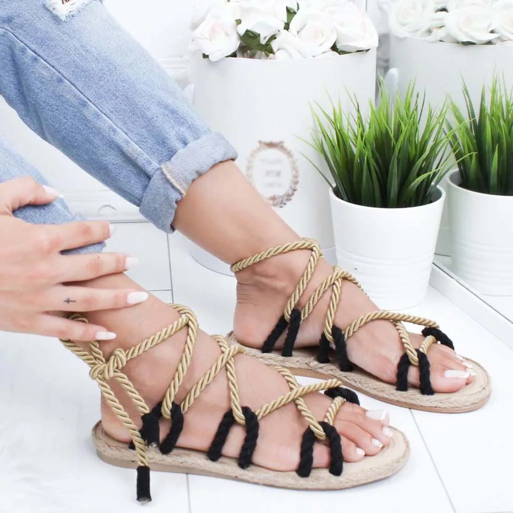 

Sandals Rome Women Summer Slippers Hemp Rope Flat Lace Beach Slippers Open Toe Sandals Female Casual Soft Shoes #524