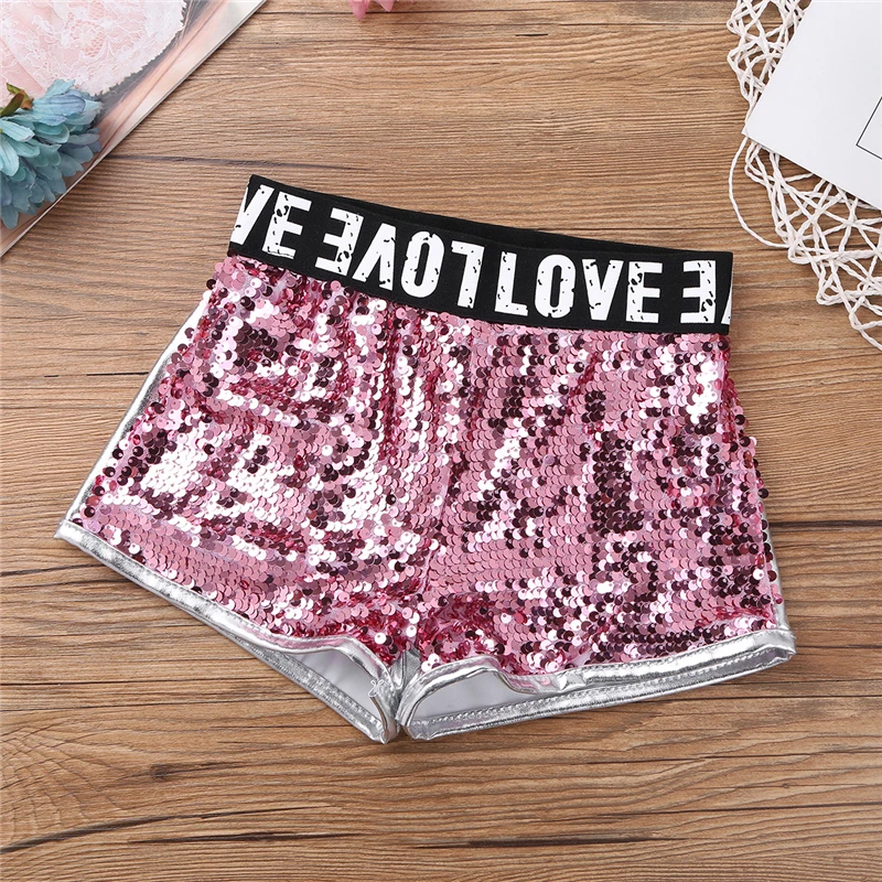 Детский топ без рукавов с блестками для девочек розовый серебристый шортами