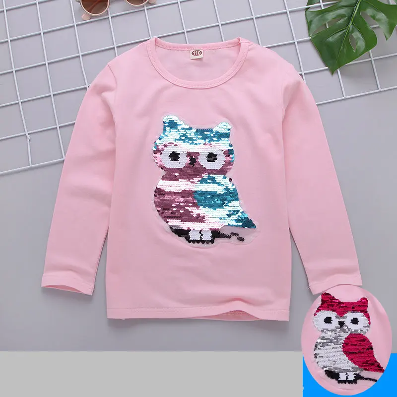 Owl Pink Футболка для девочек; Детские футболки с пайетками и рисунком кота; сезон весна-осень; рубашки для смены цветов; футболка; Enfant Garcon; детская одежда - Цвет: Owl Pink