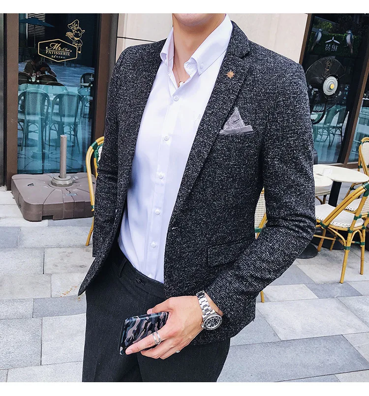 Мужской твидовый Блейзер осень зима блейзер masculino slim fit повседневные мужские спортивные пиджаки hombre invierno ho Мужской Блейзер черный синий коричневый