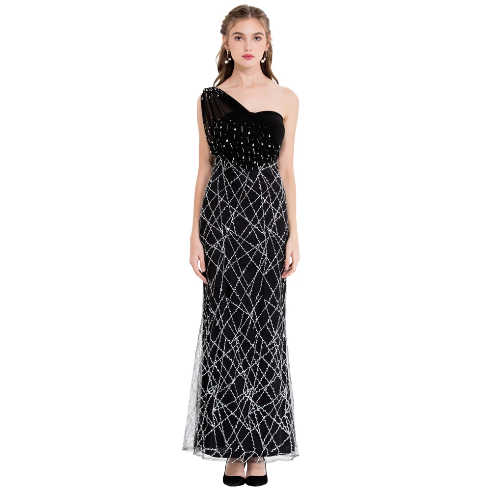Женское вечернее платье Angel-fashions Черное из фатина с блестками на одно плечо 391 |