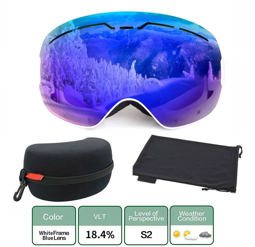 White Frame Blue Len Лыжные снежные очки OTG дизайн для мужчин и женщин со сферическими двухслойными линзами противотуманные UV400 защита Сноуборд маска с очками - Цвет: White Frame Blue Len