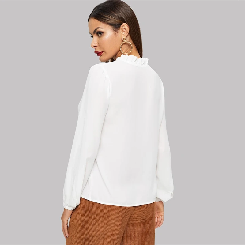 SHEIN Нарядная Однотонная Блузка С Длинным Рукавом, Офисная Блузка С Оригинальным Воротником