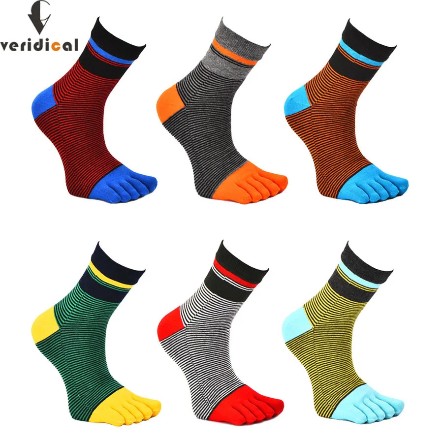 

5 Pairs/Lot Five Finger Socks For Man Combed Cotton Striped Colorful Breathable Sweat Deodorant Antibacterial Socks With Toes