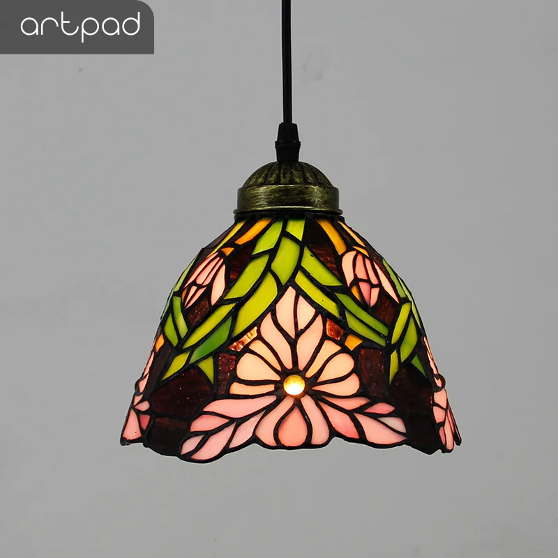 

Artpad Modern Nordic Single Mosaic Pendant Lights Stained Glass Flower Lampshade Hanglamp Bedroom Living Room E27 Bulb Lighting