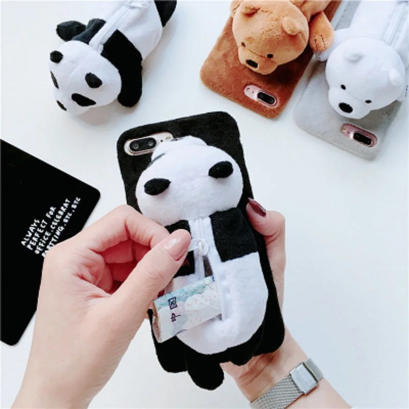 Оригинальный пушистый милый кошелек для монет медведь плюшевый ТПУ чехол iPhone X 6 6s