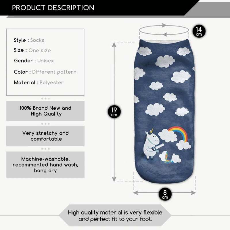 Женские носки в стиле Харадзюку Пикачу 3D милые с принтом единорога короткие