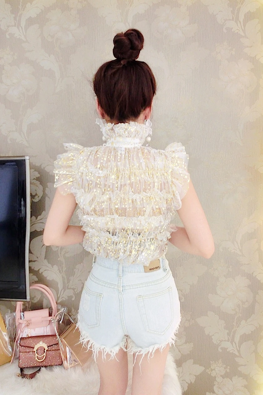 WHITNEY WANG 2018 Summer Fashion Streetwear Stars Sequins Mesh Blouse Women blusas Shirt Tops |
