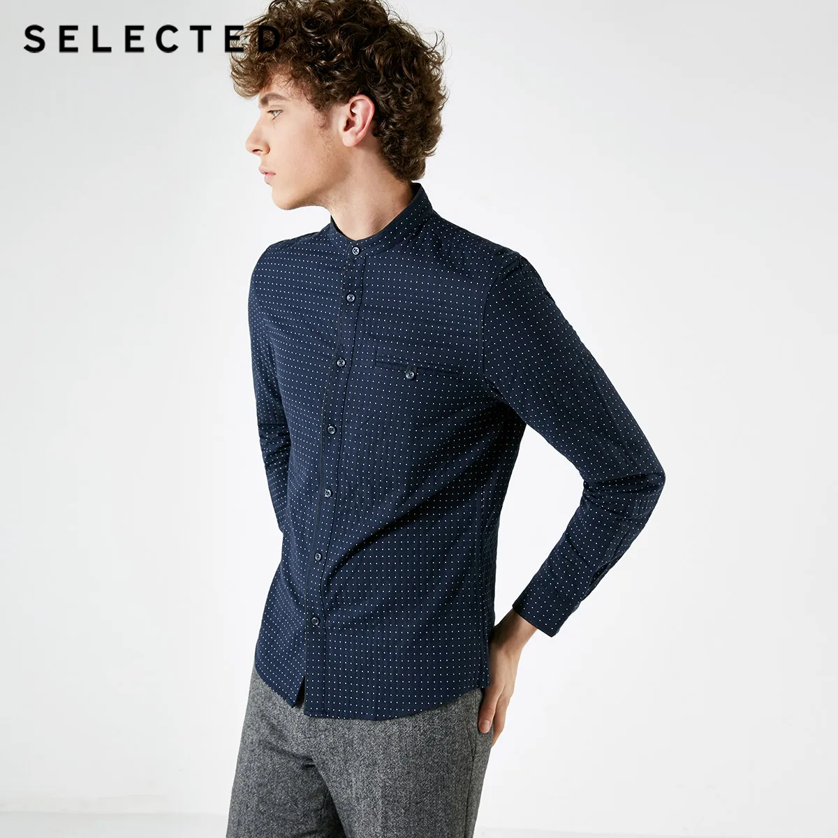 SELECTED Men's Cotton Slim Fit Stand-up Collar Polka Dots Long-sleeved Shirt S|418405544 | Мужская одежда