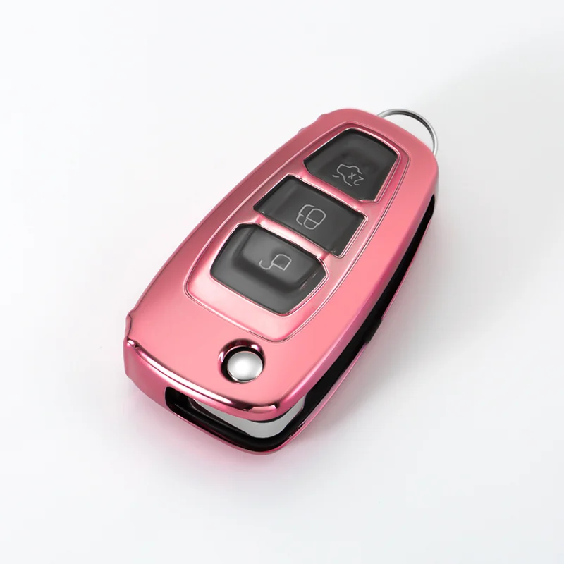 E-pink Водонепроницаемый Мягкий чехол для ключей автомобиля из ТПУ для Ford Focus 2 3 MK3 ST, RS Ecosport Fuga Escape Fiesta Fold Fey 3 кнопки авто брелок - Название цвета: E-pink