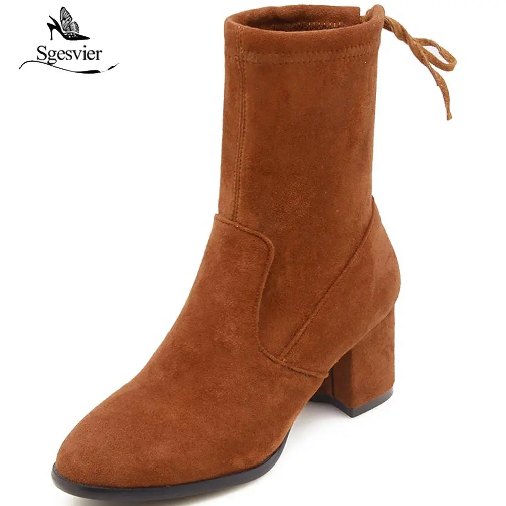 Sgesvier Fashion Ankle Boots Round Toe Thick High Heel Zipper Solid Color 2018 Sexy Women Bowtie Casual Shoes OX524 | Обувь