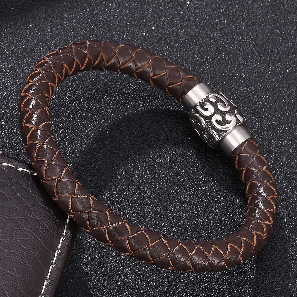 Мужской коричневый тканый кожаный браслет в стиле ретро с минималистичным