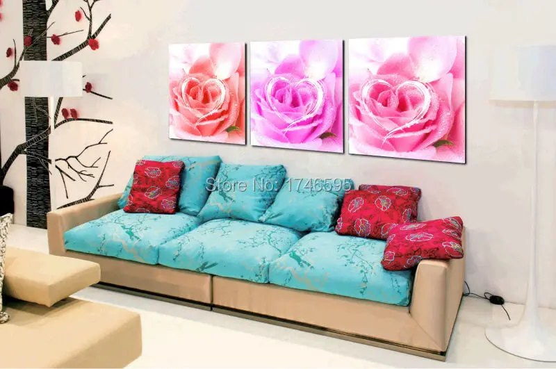 

Big 3pcs modern home decor heart pink rose flower Wall Art picture for living room bedroom wall decor canvas printed Painting