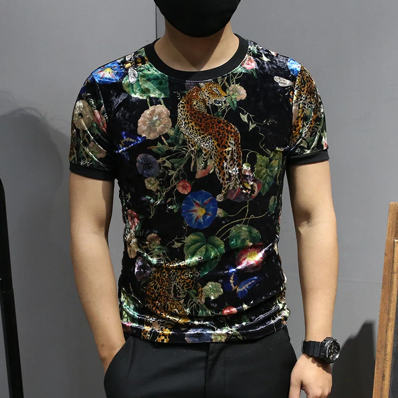 Бархатные футболки мужские с принтом животных черные Клубные Chemise Tiger новые