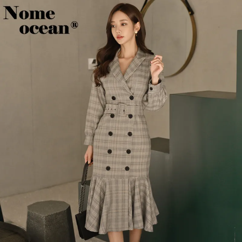 Women OL Slim Blazer Dress Female Notched Long Sleeve Plaid Business Double Breasted Belted Midi of Girl M19021709 | Женская одежда