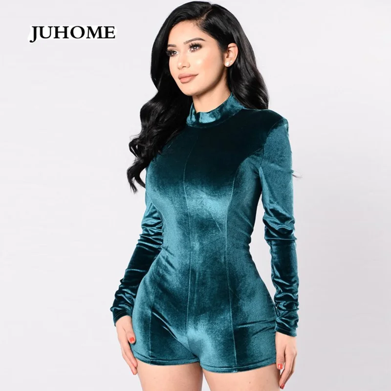 Женский бархатный комбидресс зеленый повседневный комбинезон с длинным рукавом