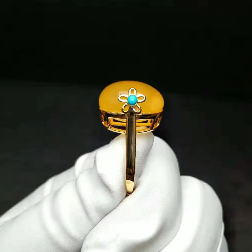 Женское кольцо из серебра 925 пробы RADHORSE регулируемое Золотое с цветком янтарной