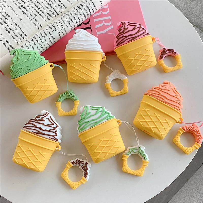 

For AirPods Case Cute Cartoon Ice Cream Pattern Earphone Cases For Apple Airpods 2 Cover Funda with Finger Ring Strap