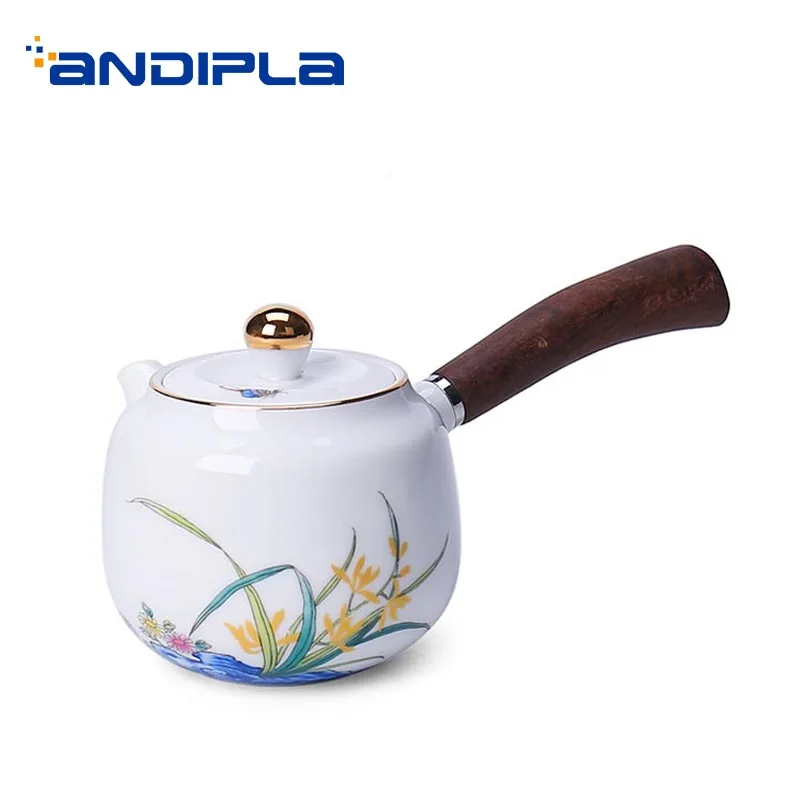 

210ml Creative Handle Teapot Hand Painted White Porcelain Teaware Drinkware Chinese Kung Fu Tea Set Kettle Milk Pot Decor Crafts