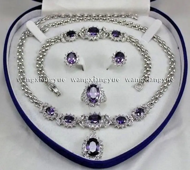

Beautiful! Natural Amethyst Inlay Link Bracelet earrings Ring Necklace Set AAA+ jade Crystal Jewelry