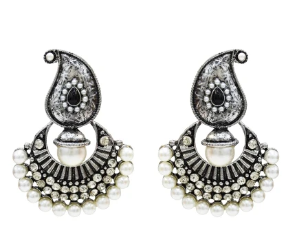 Египетские индийские серьги Jhumka, турецкие Женские винтажные золотые жемчужные серьги-капли с большим цветком, стразы, массивные вечерние серьги - Окраска металла: Silver
